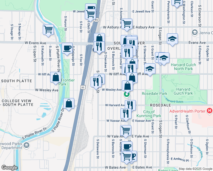 map of restaurants, bars, coffee shops, grocery stores, and more near 2360 South Cherokee Street in Denver