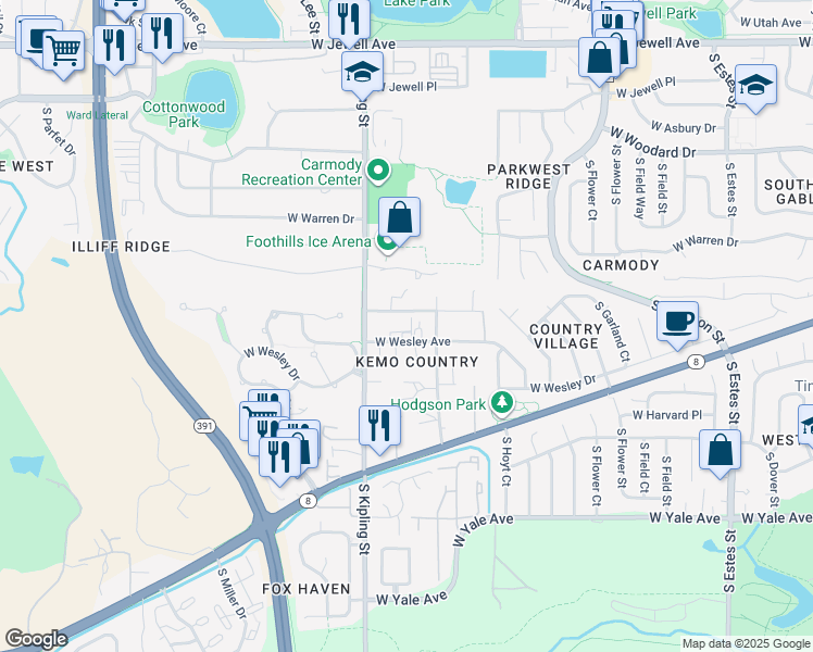 map of restaurants, bars, coffee shops, grocery stores, and more near 9885 West Wesley Avenue in Lakewood