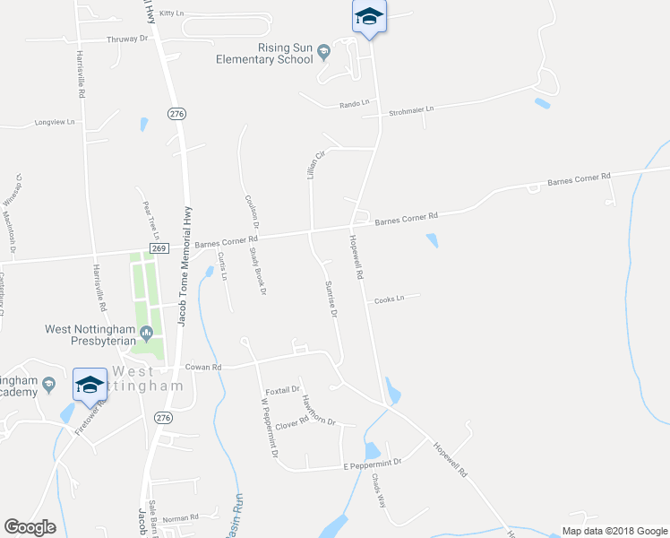 map of restaurants, bars, coffee shops, grocery stores, and more near 112 Sunrise Drive in Rising Sun