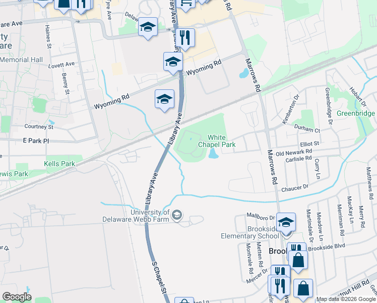 map of restaurants, bars, coffee shops, grocery stores, and more near 9 Fountainview Drive in Newark
