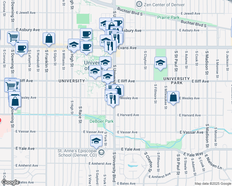 map of restaurants, bars, coffee shops, grocery stores, and more near 2356 South University Boulevard in Denver
