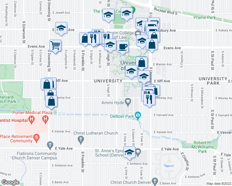 map of restaurants, bars, coffee shops, grocery stores, and more near 2367 South Race Street in Denver