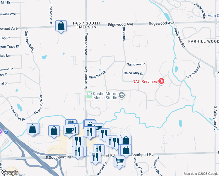 map of restaurants, bars, coffee shops, grocery stores, and more near 5206 Lava Lane in Indianapolis