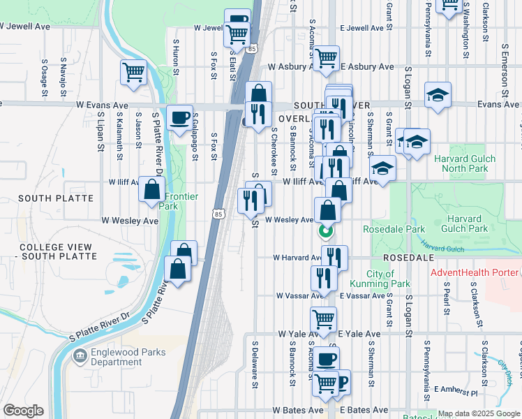 map of restaurants, bars, coffee shops, grocery stores, and more near 2375 South Delaware Street in Denver
