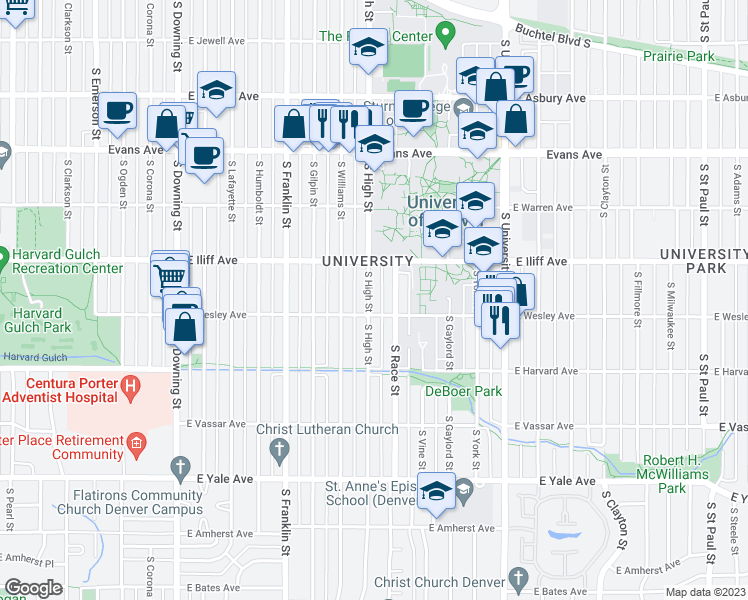 map of restaurants, bars, coffee shops, grocery stores, and more near 2360 South High Street in Denver