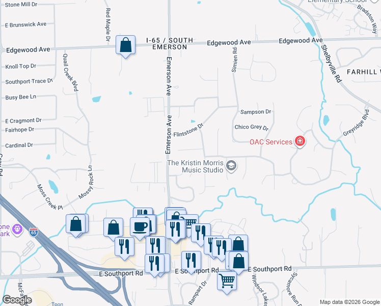 map of restaurants, bars, coffee shops, grocery stores, and more near 5129 Marble Court in Indianapolis