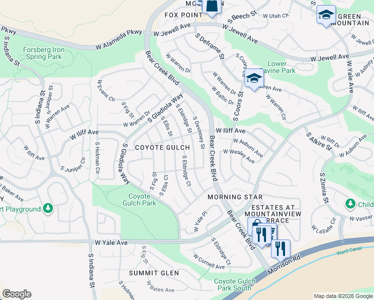 map of restaurants, bars, coffee shops, grocery stores, and more near 2336 South Eldridge Court in Lakewood