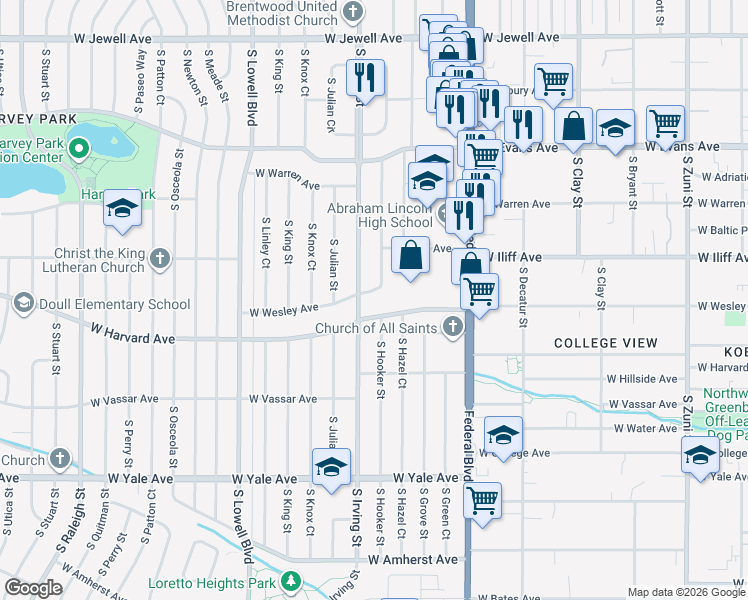 map of restaurants, bars, coffee shops, grocery stores, and more near 3175 West Harvard Avenue in Denver