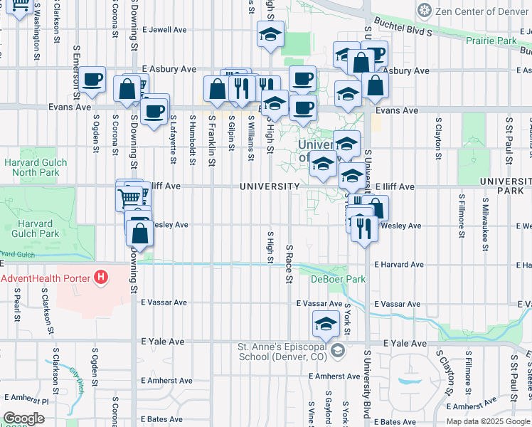 map of restaurants, bars, coffee shops, grocery stores, and more near 2369 South High Street in Denver