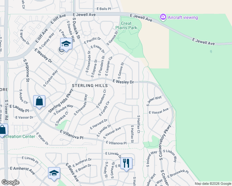 map of restaurants, bars, coffee shops, grocery stores, and more near 2456 South Fundy Circle in Aurora