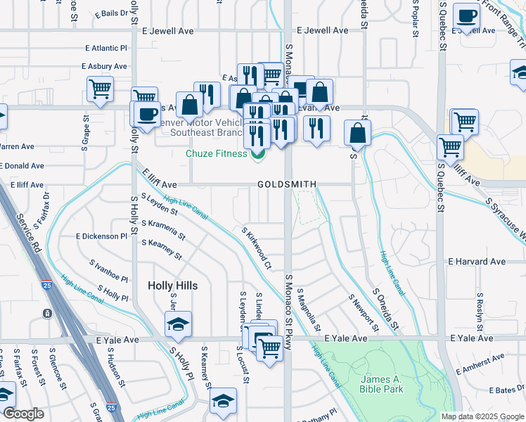 map of restaurants, bars, coffee shops, grocery stores, and more near 2377 South Locust Street in Denver