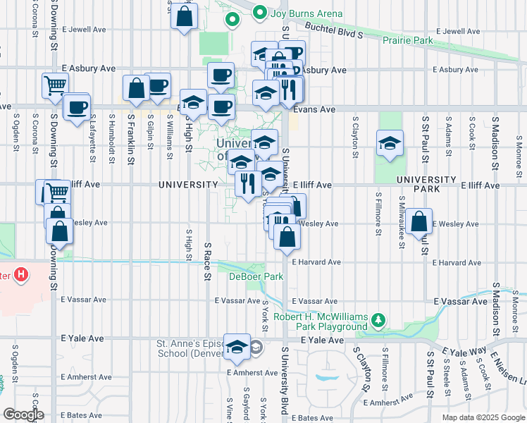 map of restaurants, bars, coffee shops, grocery stores, and more near 2369 South York Street in Denver