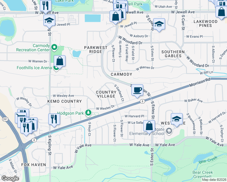 map of restaurants, bars, coffee shops, grocery stores, and more near 2402 South Holland Street in Lakewood