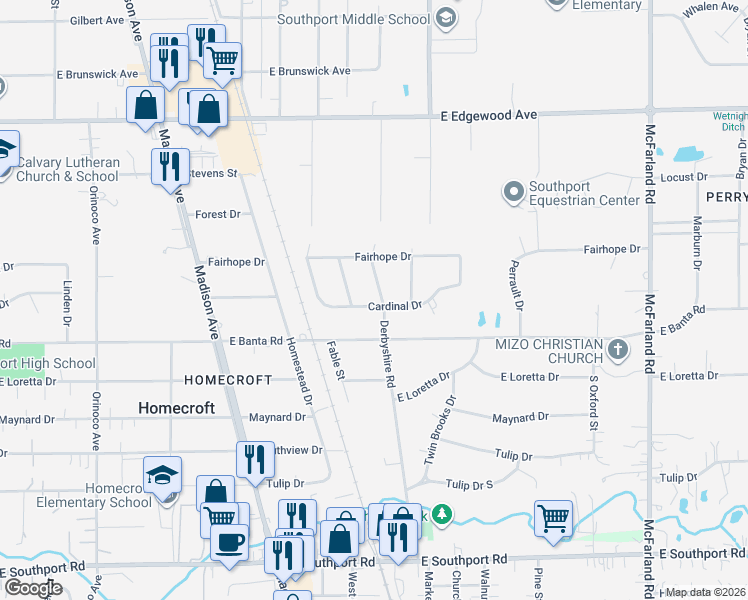 map of restaurants, bars, coffee shops, grocery stores, and more near 6375 Derbyshire Road in Indianapolis