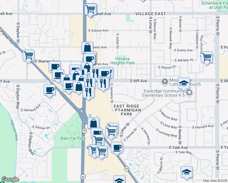 map of restaurants, bars, coffee shops, grocery stores, and more near 10803 East Wesley Avenue in Aurora