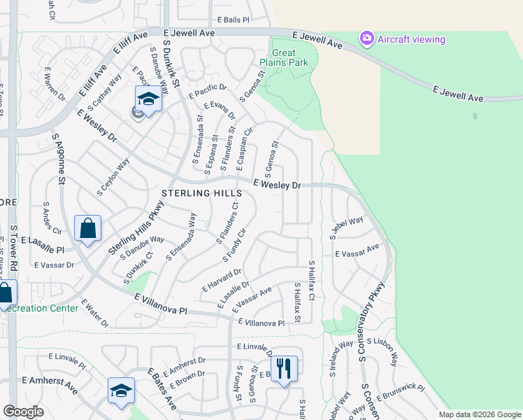 map of restaurants, bars, coffee shops, grocery stores, and more near 2456 South Fundy Circle in Aurora