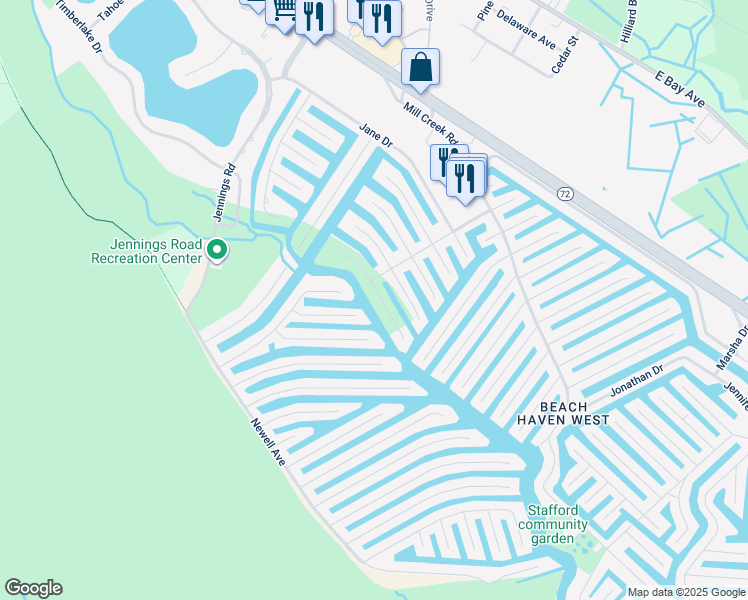 map of restaurants, bars, coffee shops, grocery stores, and more near 115 Morton Drive in Stafford Township