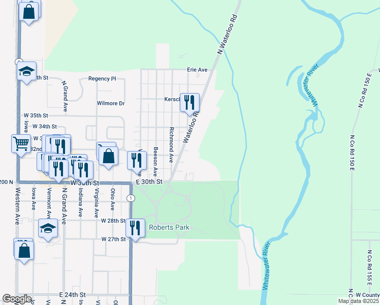 map of restaurants, bars, coffee shops, grocery stores, and more near 3106 Waterloo Road in Connersville