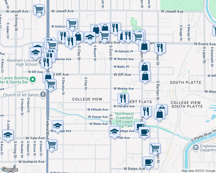 map of restaurants, bars, coffee shops, grocery stores, and more near 2411 West Wesley Avenue in Denver
