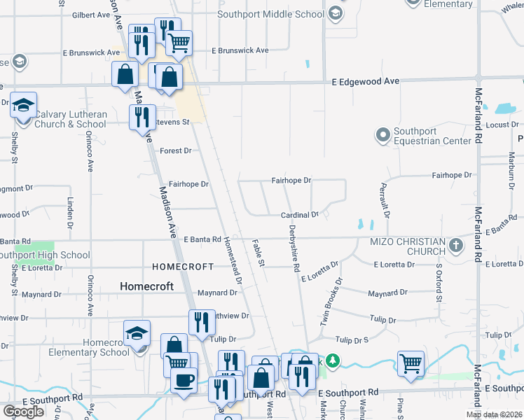 map of restaurants, bars, coffee shops, grocery stores, and more near 6376 Brookdale Drive in Indianapolis