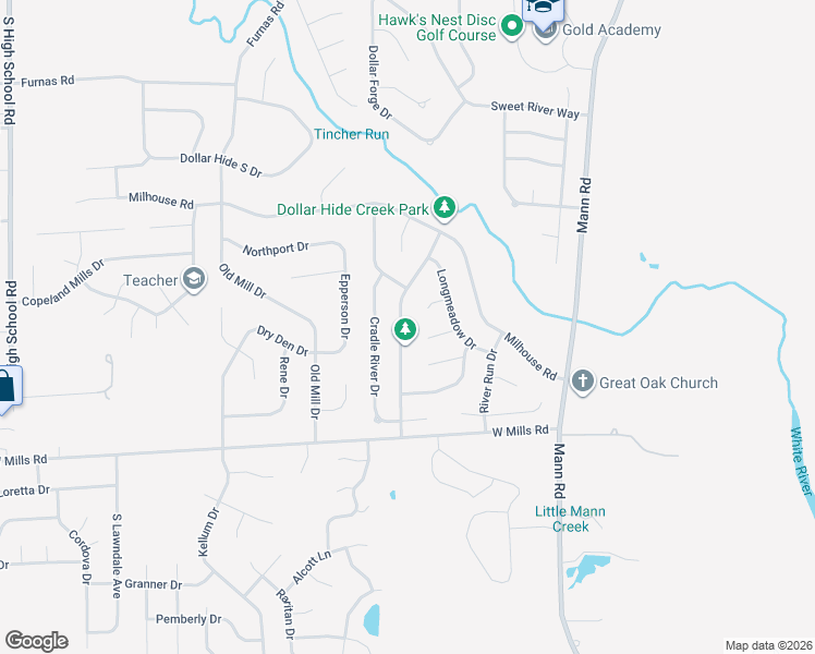 map of restaurants, bars, coffee shops, grocery stores, and more near 6227 Long River Lane in Indianapolis