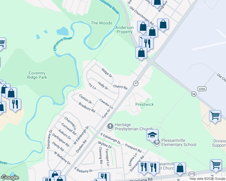 map of restaurants, bars, coffee shops, grocery stores, and more near 5 Holly Drive in New Castle