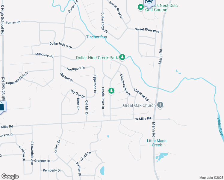 map of restaurants, bars, coffee shops, grocery stores, and more near 5360 West Rolling River Court in Indianapolis