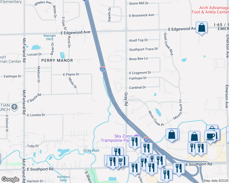 map of restaurants, bars, coffee shops, grocery stores, and more near 6436 Perry Pines Ct in Indianapolis