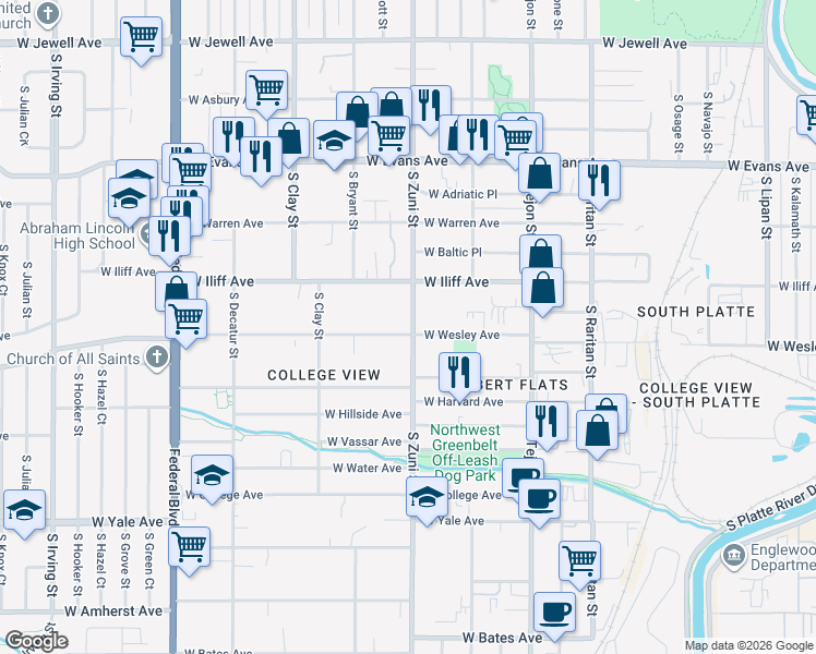 map of restaurants, bars, coffee shops, grocery stores, and more near 2433 West Wesley Avenue in Denver