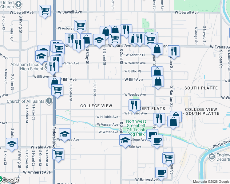 map of restaurants, bars, coffee shops, grocery stores, and more near 2433 West Wesley Avenue in Denver