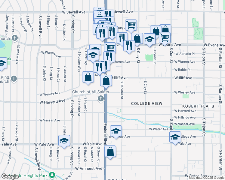 map of restaurants, bars, coffee shops, grocery stores, and more near 2965 West Wesley Avenue in Denver