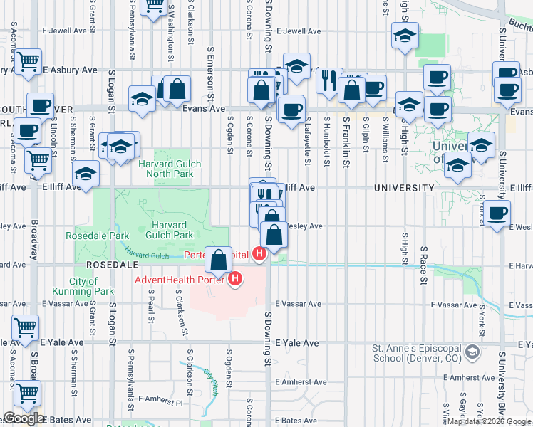 map of restaurants, bars, coffee shops, grocery stores, and more near 2390 South Downing Street in Denver