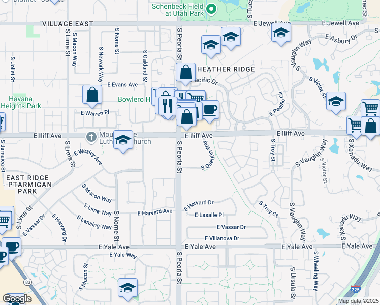 map of restaurants, bars, coffee shops, grocery stores, and more near in Aurora
