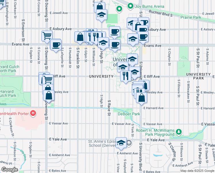 map of restaurants, bars, coffee shops, grocery stores, and more near 2375 South Race Street in Denver