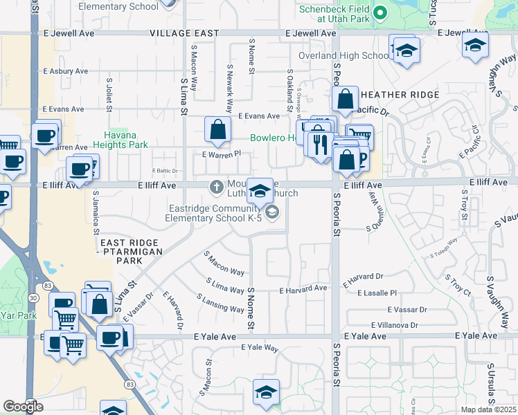 map of restaurants, bars, coffee shops, grocery stores, and more near 11777 East Wesley Avenue in Aurora