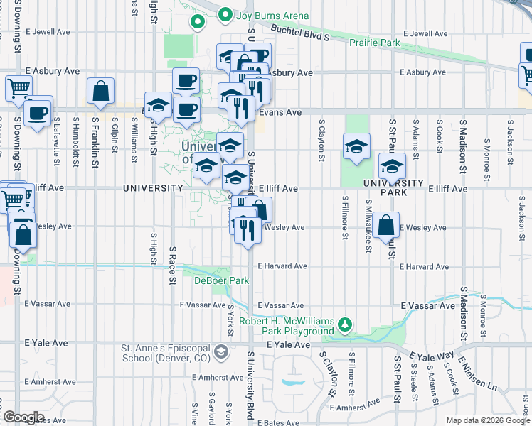 map of restaurants, bars, coffee shops, grocery stores, and more near 2374 South Josephine Street in Denver