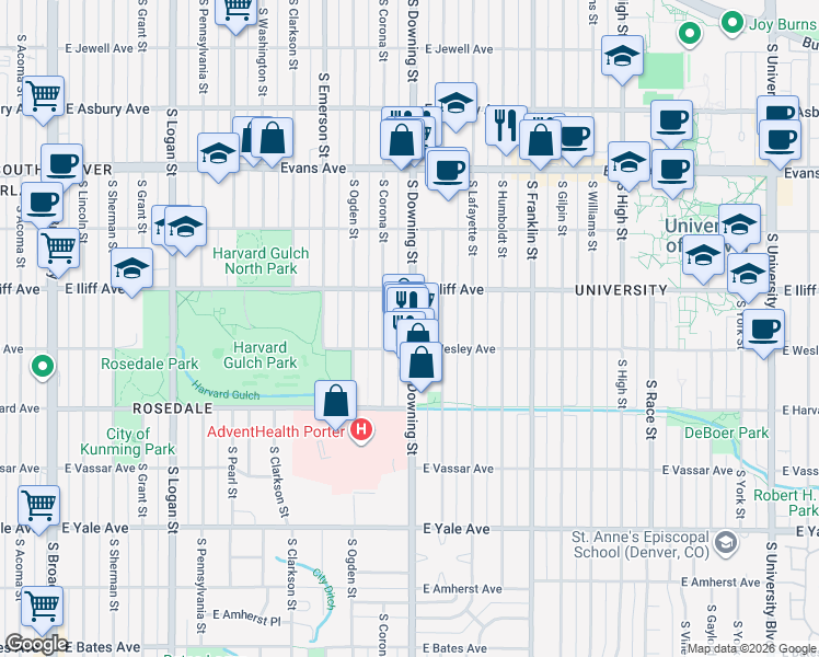 map of restaurants, bars, coffee shops, grocery stores, and more near 2390 South Downing Street in Denver