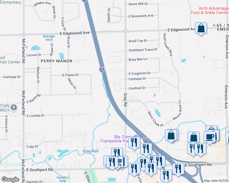 map of restaurants, bars, coffee shops, grocery stores, and more near 6436 Perry Pines Court in Indianapolis