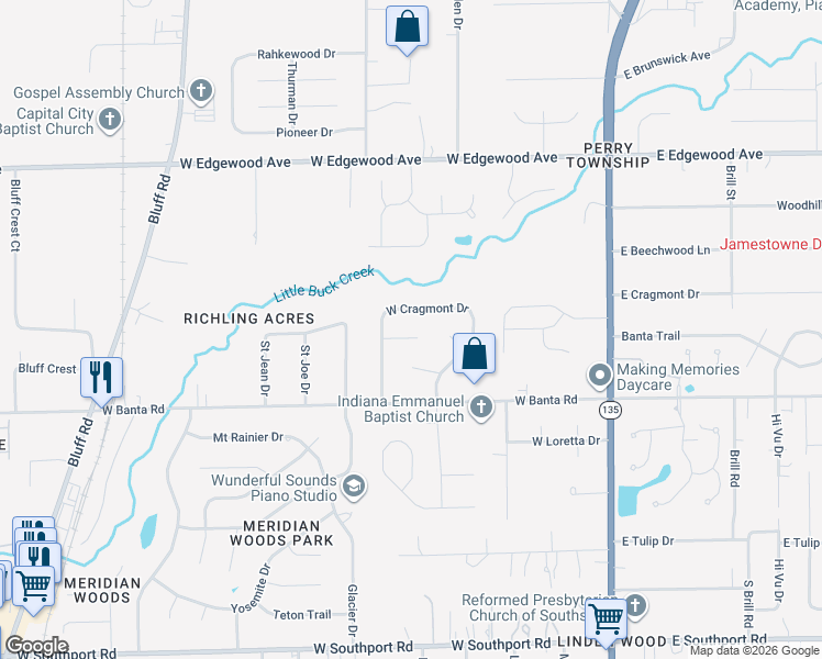 map of restaurants, bars, coffee shops, grocery stores, and more near 408 Rick Lane in Indianapolis