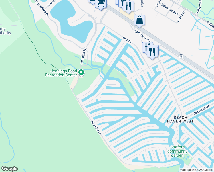 map of restaurants, bars, coffee shops, grocery stores, and more near 166 Bruce Drive in Stafford Township