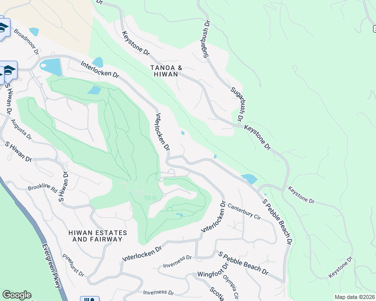 map of restaurants, bars, coffee shops, grocery stores, and more near 2296 Pebble Beach Court in Evergreen