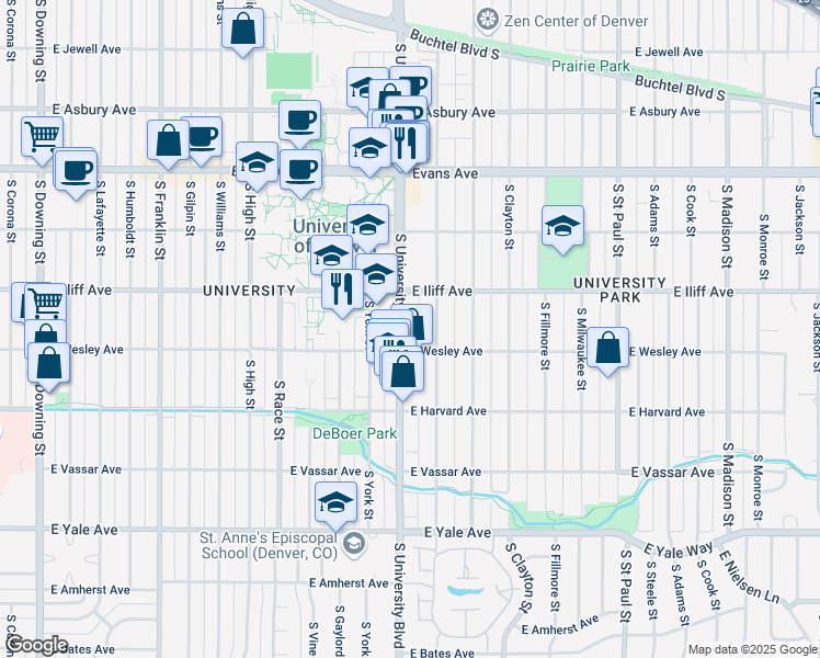 map of restaurants, bars, coffee shops, grocery stores, and more near 2358 South University Boulevard in Denver