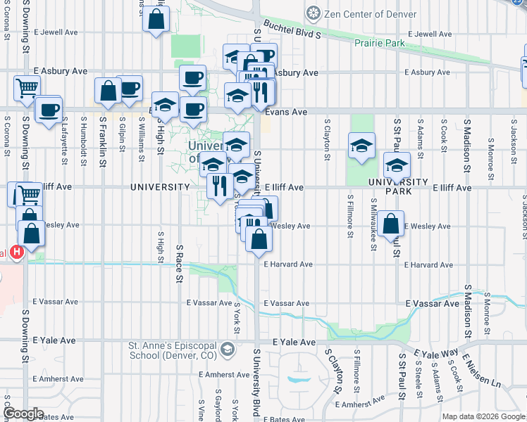 map of restaurants, bars, coffee shops, grocery stores, and more near 2358 South University Boulevard in Denver