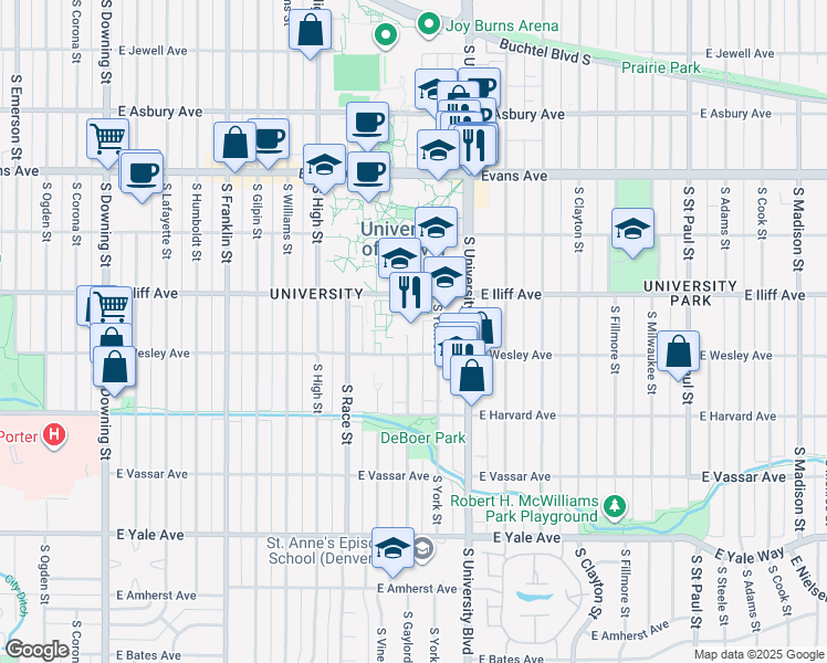 map of restaurants, bars, coffee shops, grocery stores, and more near 2155 East Wesley Avenue in Denver
