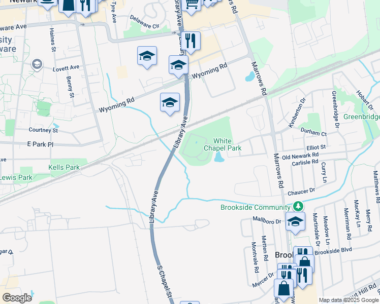 map of restaurants, bars, coffee shops, grocery stores, and more near 3000 Fountainview Circle in Newark