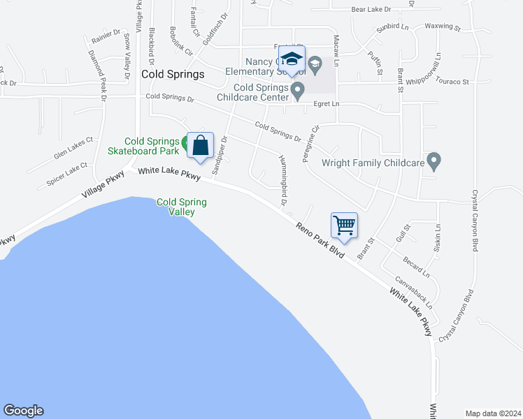 map of restaurants, bars, coffee shops, grocery stores, and more near 3600 White Lake Parkway in Reno