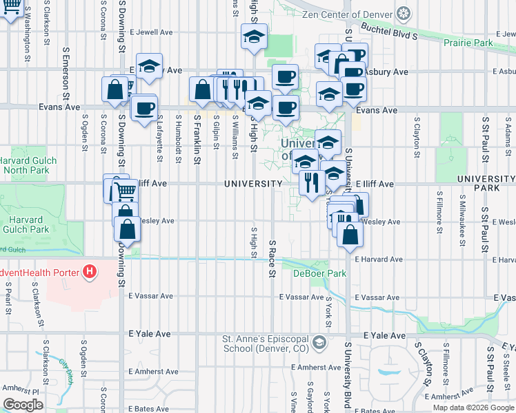map of restaurants, bars, coffee shops, grocery stores, and more near 2369 South High Street in Denver