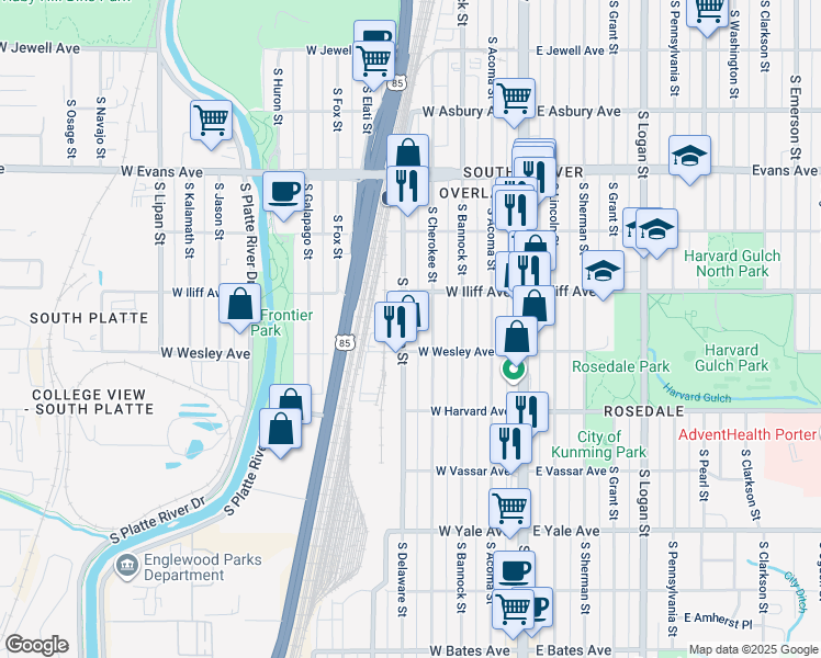 map of restaurants, bars, coffee shops, grocery stores, and more near 2375 South Delaware Street in Denver