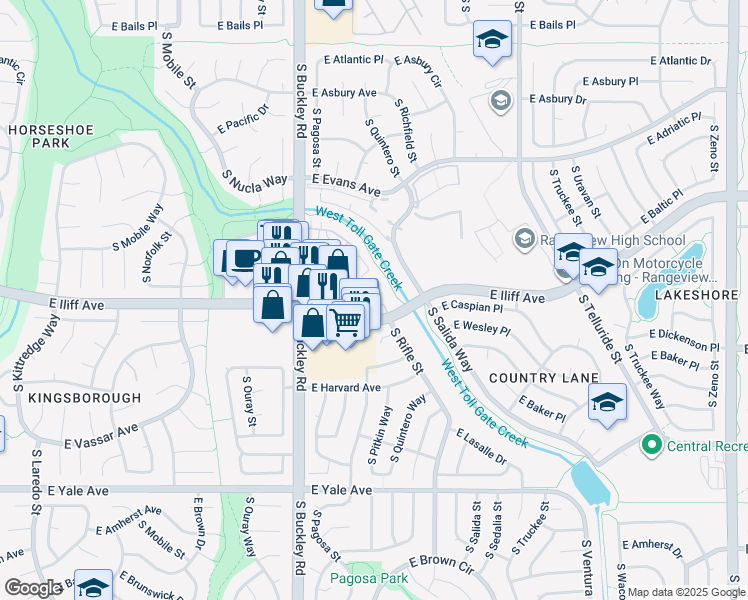 map of restaurants, bars, coffee shops, grocery stores, and more near 17000 East Iliff Avenue in Aurora
