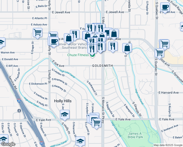 map of restaurants, bars, coffee shops, grocery stores, and more near 2377 South Locust Street in Denver
